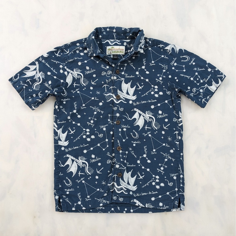 Patagonia Pataloha Hawaiian Shirt Boys L Hokulea Constellation Ship Print 50th